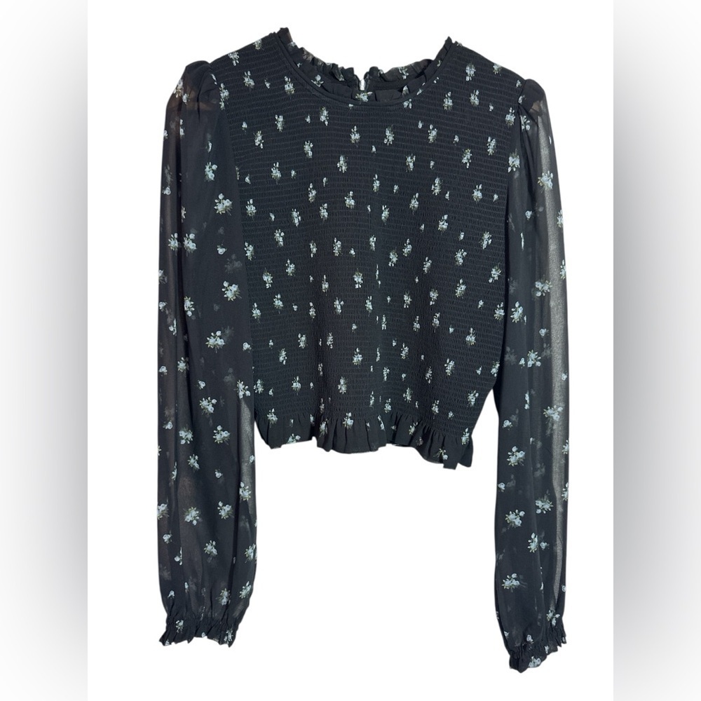 Wilfred Aritzia Tempest Smocked Stretch Chiffon LS Ruffle Blouse Black Floral Lg